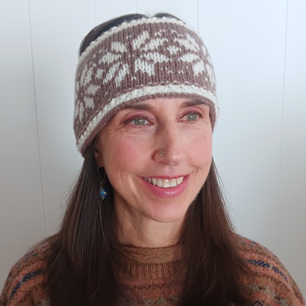 Handmade Handknit Taupe Brown & Ivory Traditional Scandinavian Motif Headband